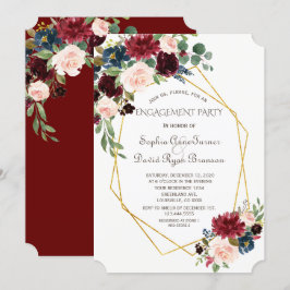 Convites Noivado Floral Dourado Geométrico Burgundy