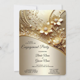 Convites Noivado Floral Ouro Moderno Ornamentado com Pérola