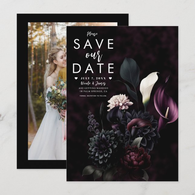 Convites Noivado Floral Romântico Sombrio Save the Date (Frente/Verso)