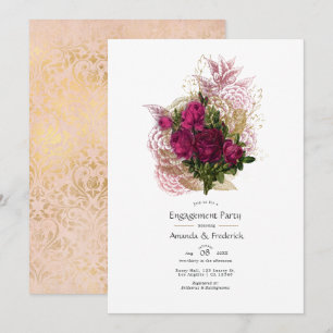 Convites Noivado Floral Shabby Dourado Rosa Velho Burgundy 
