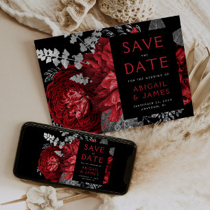 Convites Noivado Floral Vermelho Prateado Sombrio