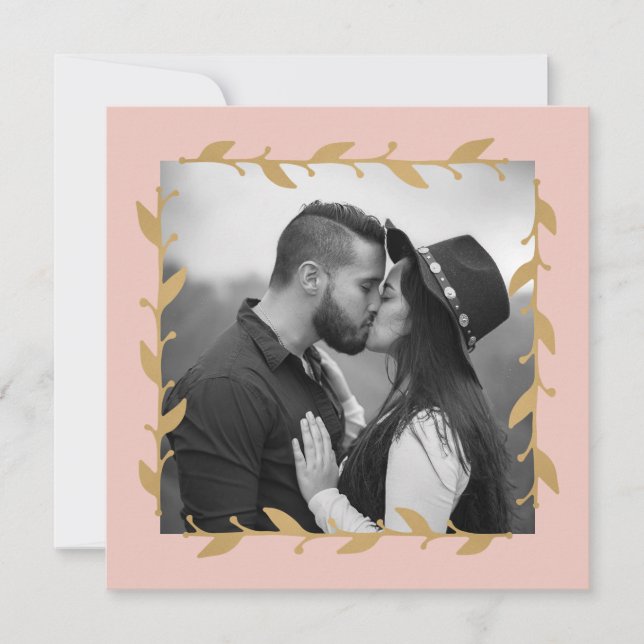 Convites Noivado Folhas de Ouro Foto Moderno Blush (Frente)