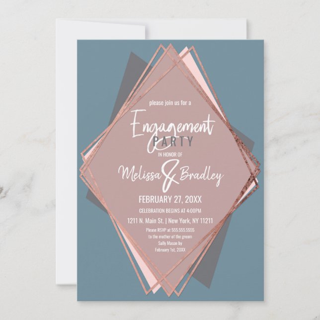 Convites Noivado Geométrico Azul-Dusty rosa Dourado (Frente)