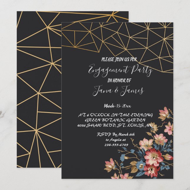 Convites Noivado Geométrico do ouro (Frente/Verso)