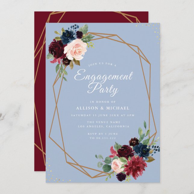 Convites noivado geométrico floral azul-burguloso (Frente/Verso)