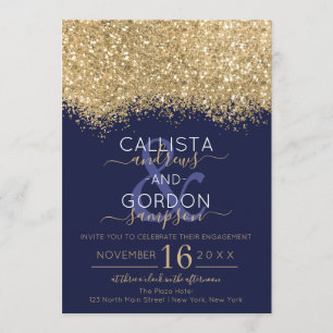 Convites Noivado Glitter Confetti, Marinho Dourado de luxo