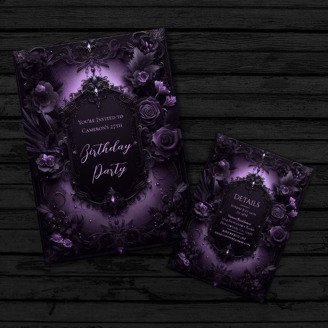 Convites Noivado Gótico de Elegância Roxo e Negro (Showing front and back of invitation.
)