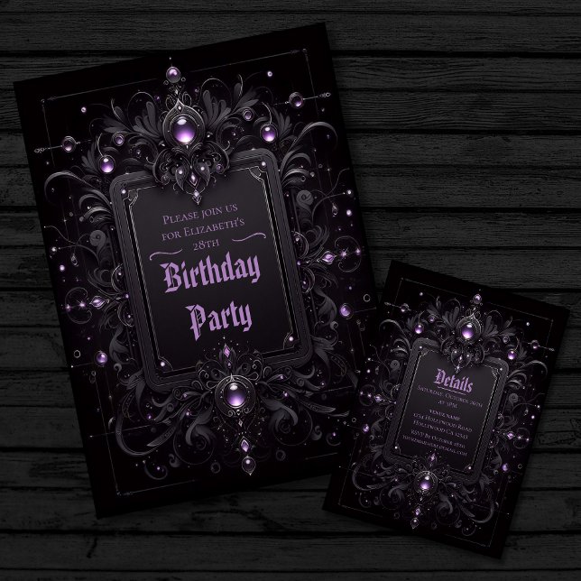 Convites Noivado Gótico Lux Purple e Negro (Image shows front and back side of invitation)