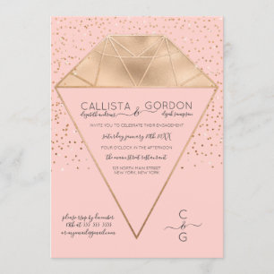 Convites Noivado Luminoso Dourado de Diamante Rosa Confetti