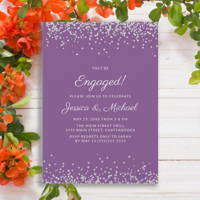 Convites Noivado Luminoso Roxo Moderno Elegante (Purple engagement party invitation with silver glitter)
