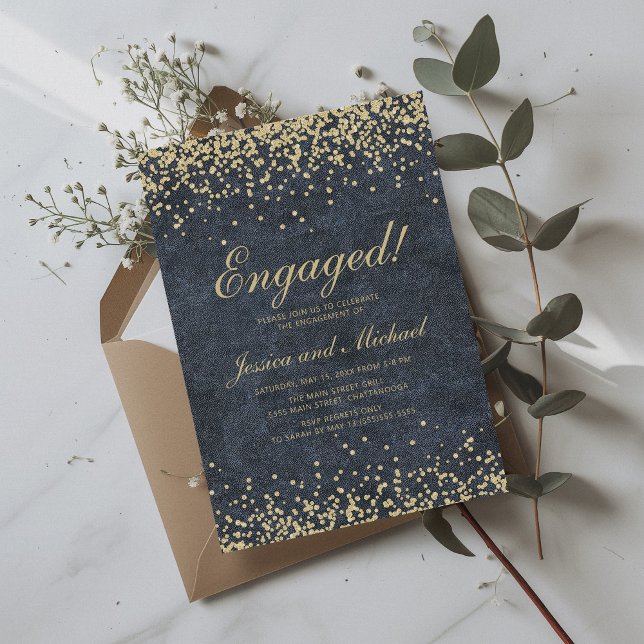 Convites Noivado marinho Azul Dourado de Casamento com Larg (Navy blue and gold glitter engagement party invitation)
