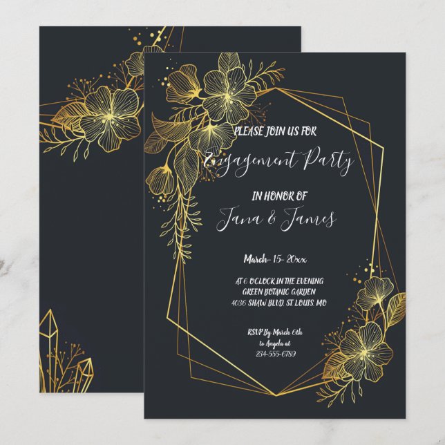 Convites Noivado Marinho de quadro do ouro (Frente/Verso)