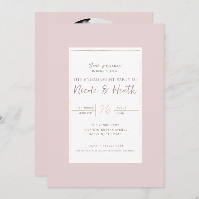 Convites Noivado Mínimo Dourado e Rosa Ostra (Frente/Verso)