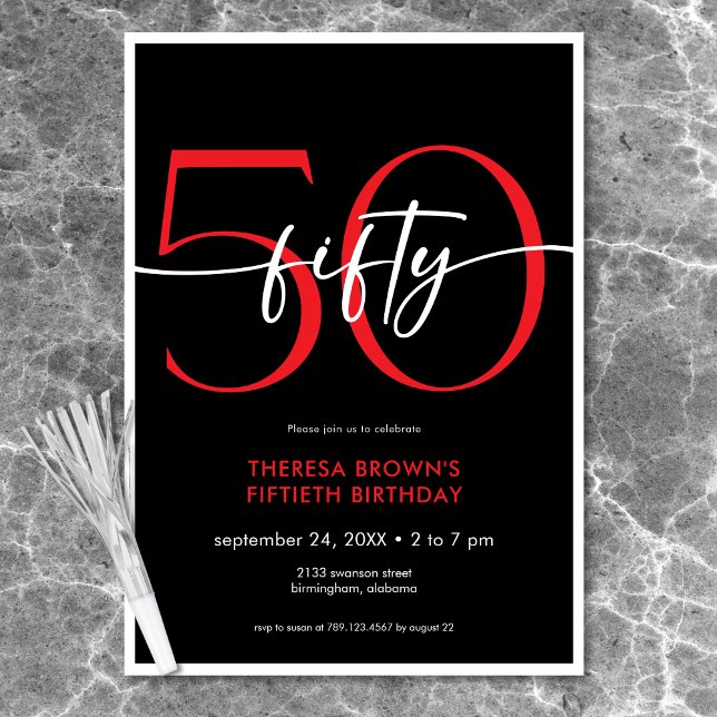 Convites Noivado Mínimo Vermelho 50 Moderno (Modern Minimal Red Fifty Script Birthday Invitation)