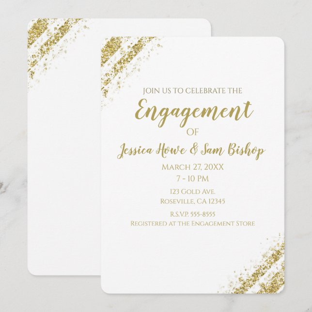 Convites Noivado Moderno de Gama de Cantos de Pó Dourados P (Frente/Verso)