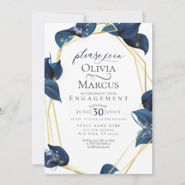 Convites Noivado Moderno do índio Profundo Azul e Dourado