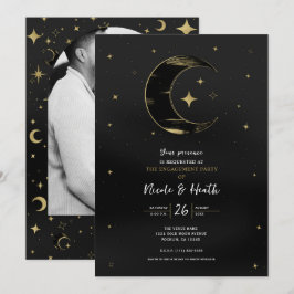 Convites Noivado Moderno Preto e Dourado Celestial Lua Estr