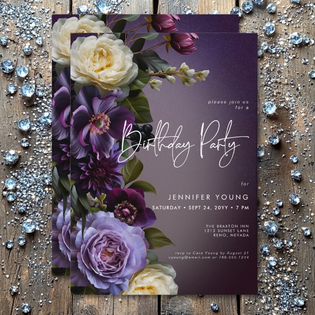 Convites Noivado Moody Purple & Lavanda Floral Moderno (Moody Purple & Lavender Floral Modern Birthday Invitation)