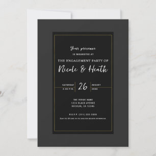 Convites Noivado Negra Mínimo Elegante Dourado Cinza