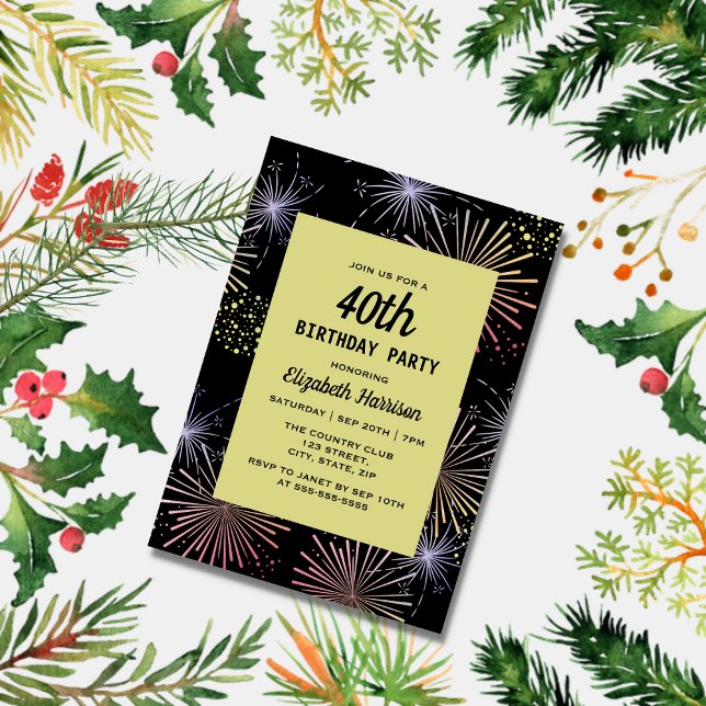 Convites Noivado Negro Ouro de Fogos de Artifício Coloridos (Criador carregado)