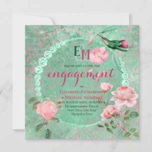 Convites Noivado Ornamentado Verde Rosa Dourado HUMMINGBIRD