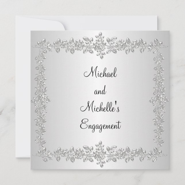 Convites Noivado Preto Branco Rosas de Metal Prateado (Frente)