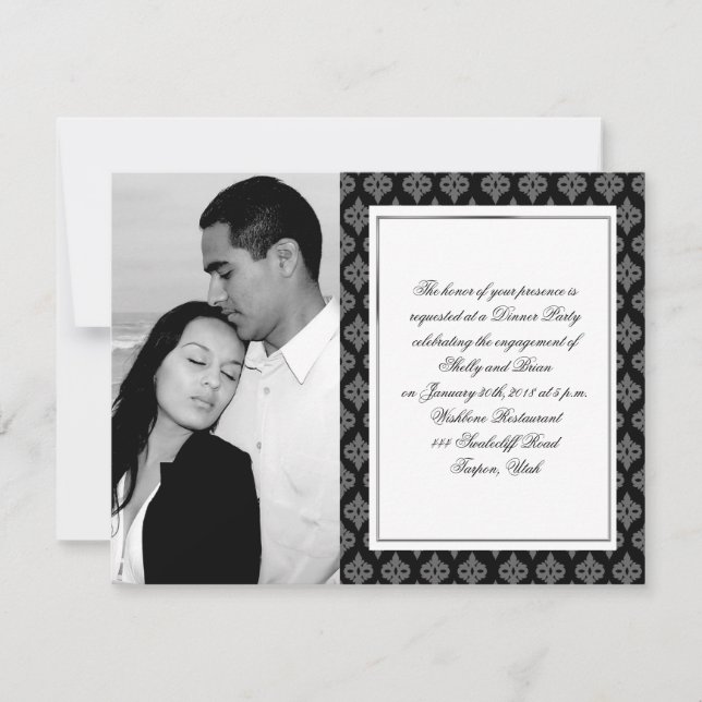 Convites Noivado preto e cinzento do casamento tema damasco (Frente)