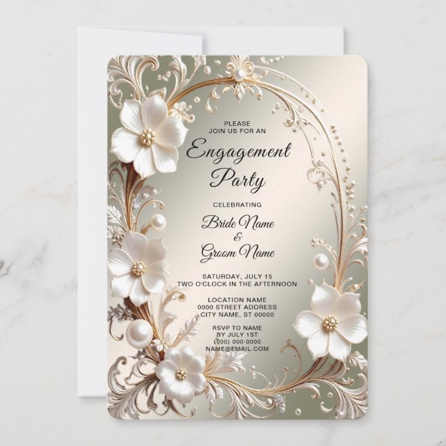 Convites Noivado Quadro Floral Branco Ornamentado (Frente)