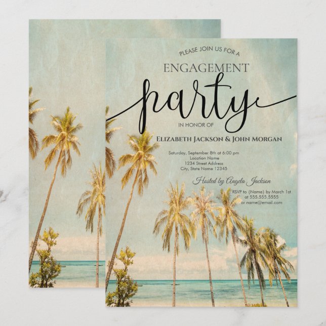 Convites Noivado Retro Beach Palms   (Frente/Verso)