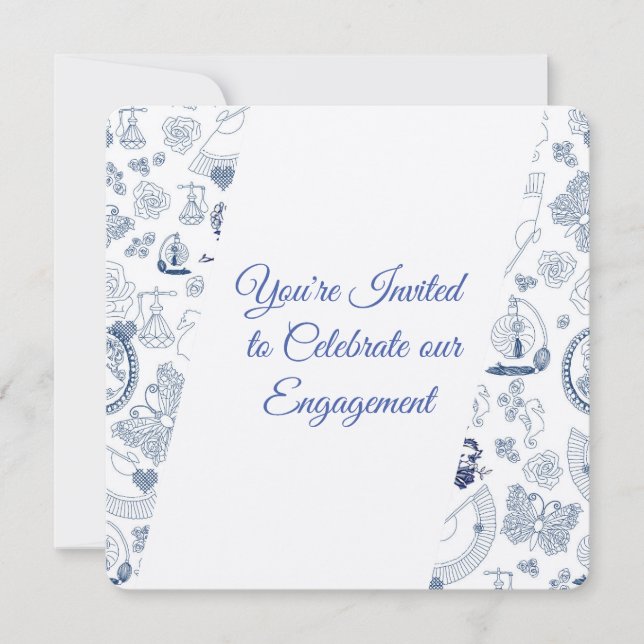 Convites Noivado Romance Vintage Azul (Frente)