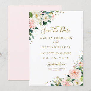 Convites Noivado Rosa Bege Floral Dourado Save The Date