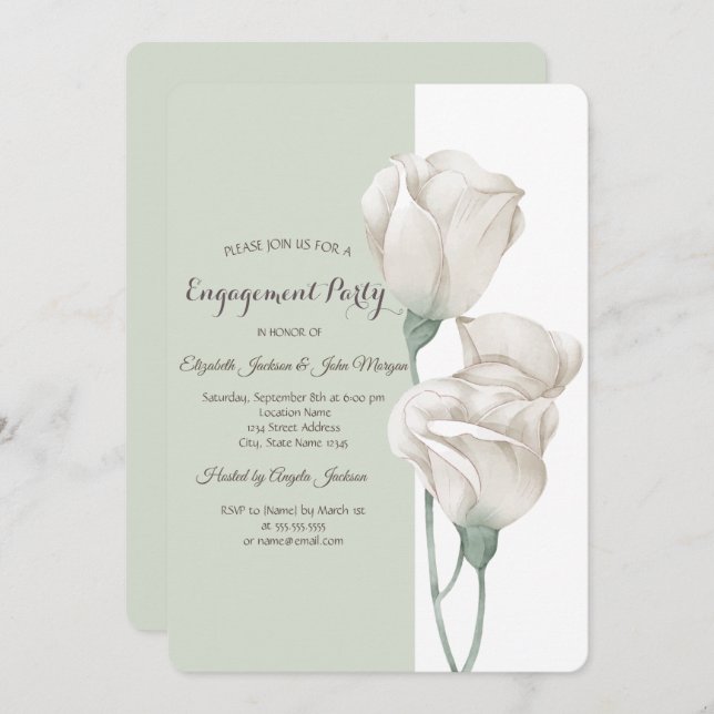 Convites Noivado Rosa de Flores Brancas Chic (Frente/Verso)