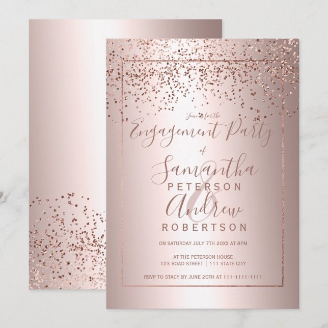 Convites noivado rosa gold confetti (Frente/Verso)