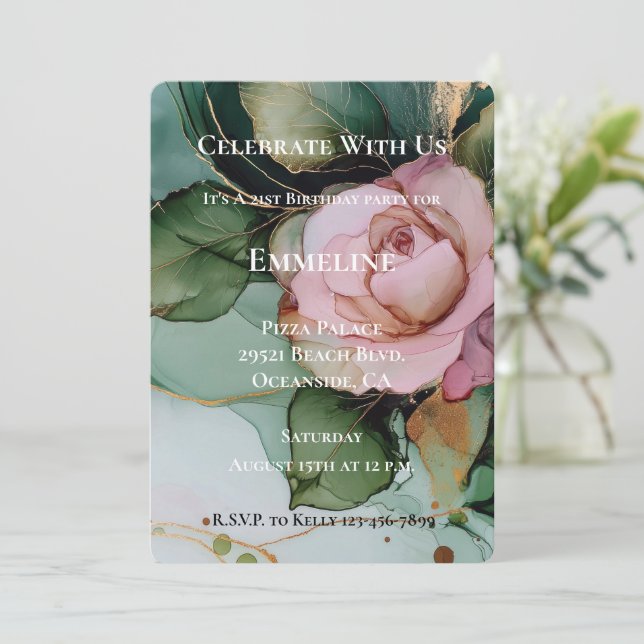 Convites Noivado Rosa Romântico Blush Cor-de-Rosa Dourado (Em pé/Frente)