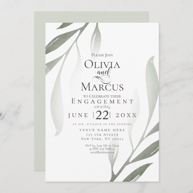 Convites NOIVADO | Sage Green Olive Branch — Watercolor (Frente/Verso)