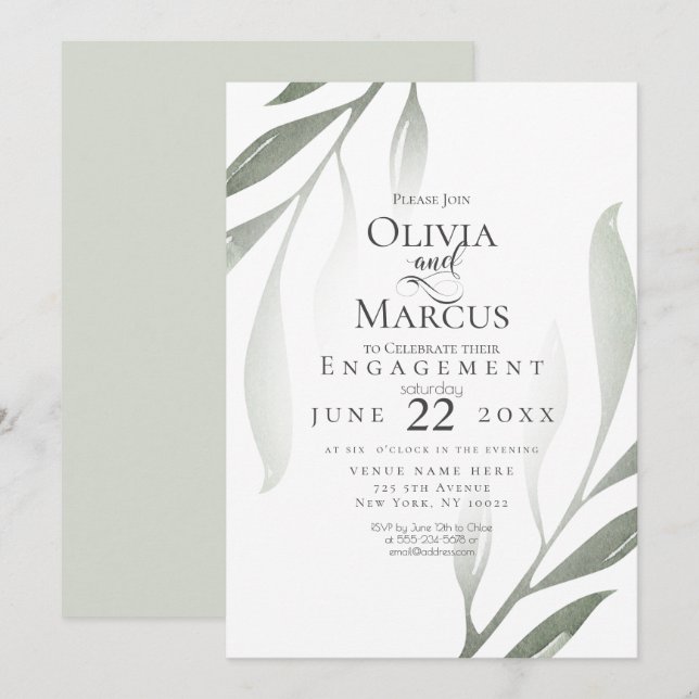 Convites NOIVADO | Sage Green Olive Branch — Watercolor (Frente/Verso)