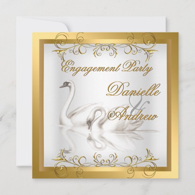 Convites Noivado Swans Dourado Partido Elegante Branco (Frente)