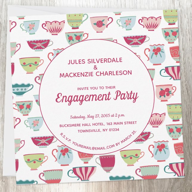 Convites Noivado Tea Cups Moderno Vintage (Vintage retro teacup pattern personalized engagement party invitation)