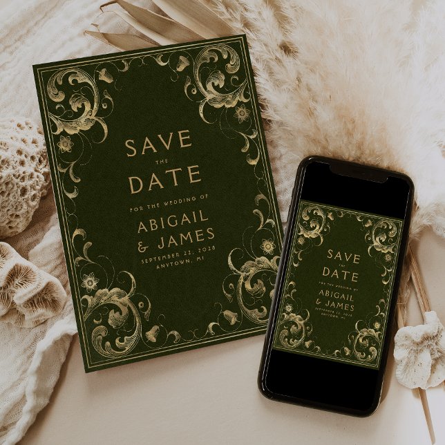 Convites Noivado Vintage em Verde Oliva e Dourado Save the  (Criador carregado)
