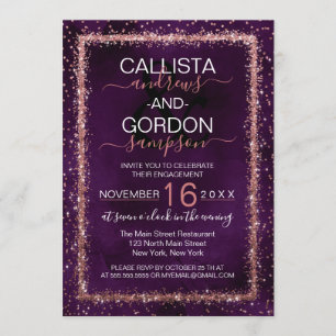 Convites Noivado violeta de Confetti Dourado e aspergido