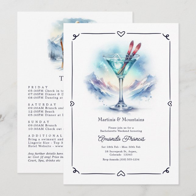 Convites Noivas de Esqui Martinis & Montanhas Aspen (Frente/Verso)