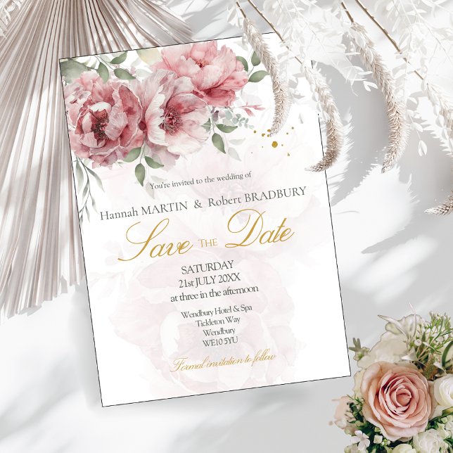 Convites Noivas de Peônias Rosa Bege Save the Date  (Criador carregado)