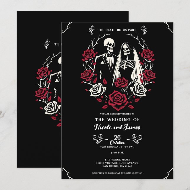 Convites Noivas Esqueleto Casal Casamento Vermelho & Preto  (Frente/Verso)