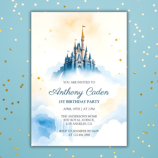 Convites Noivo do Príncipe Real Castelo Azul (Fairytale Prince Royal Castle Blue Boy Birthday Invitation)