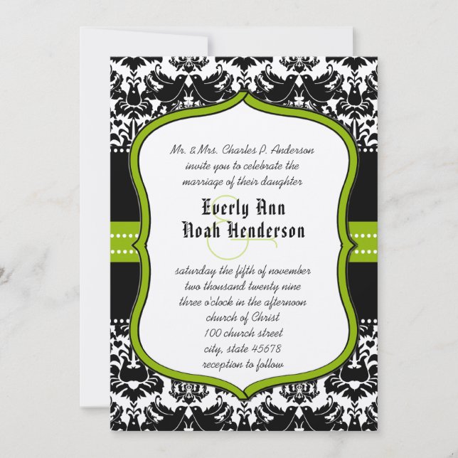 Convites Noivos Amor Verde Maçã Preto Damasco Casamento (Frente)