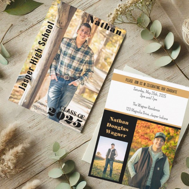 Convites Nome da Foto de Graduação Dourada Preta Moderna (Criador carregado)