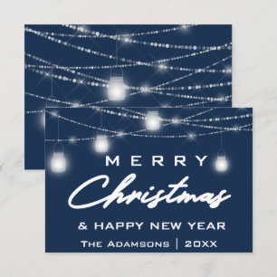Convites Nome de Natal Merry Foto Luzes Marinho Azul