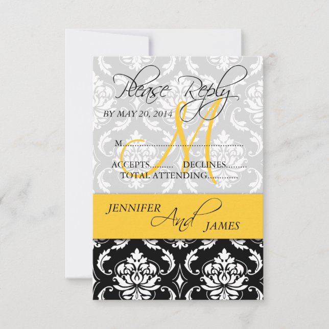Convites Nome do Monograma Damask RSVP de Casamento Damask (Frente)