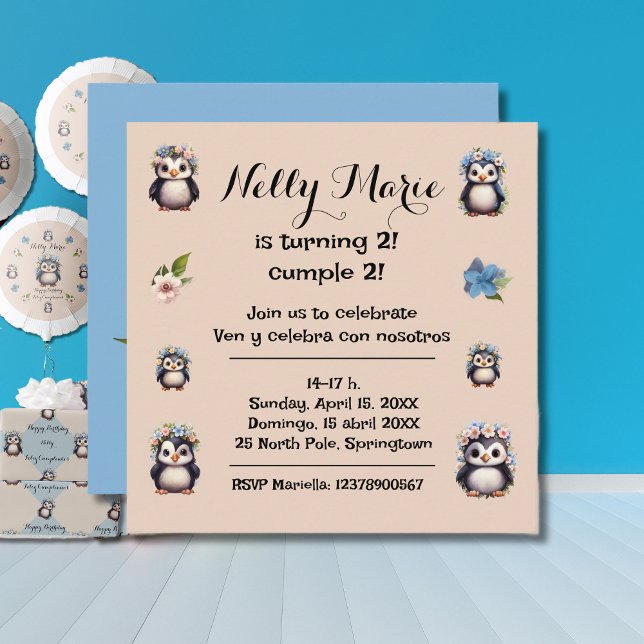 Convites Nome dos Pinguins Cujo Nome Bilíngue Texto Espanho (Bilingual birthday invitation, cute penguins, persocalized & customizable. Multilingual Project.)