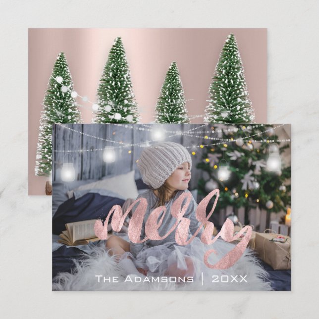 Convites Nome Feliz de Natal Fotografia Rosa Luzes de Árvor (Frente/Verso)